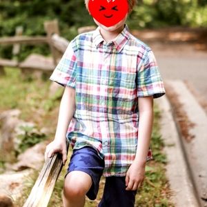 Mini Boden Vacation Shirt Boys 8-9 Madras Plaid Linen Button Down Multicolor